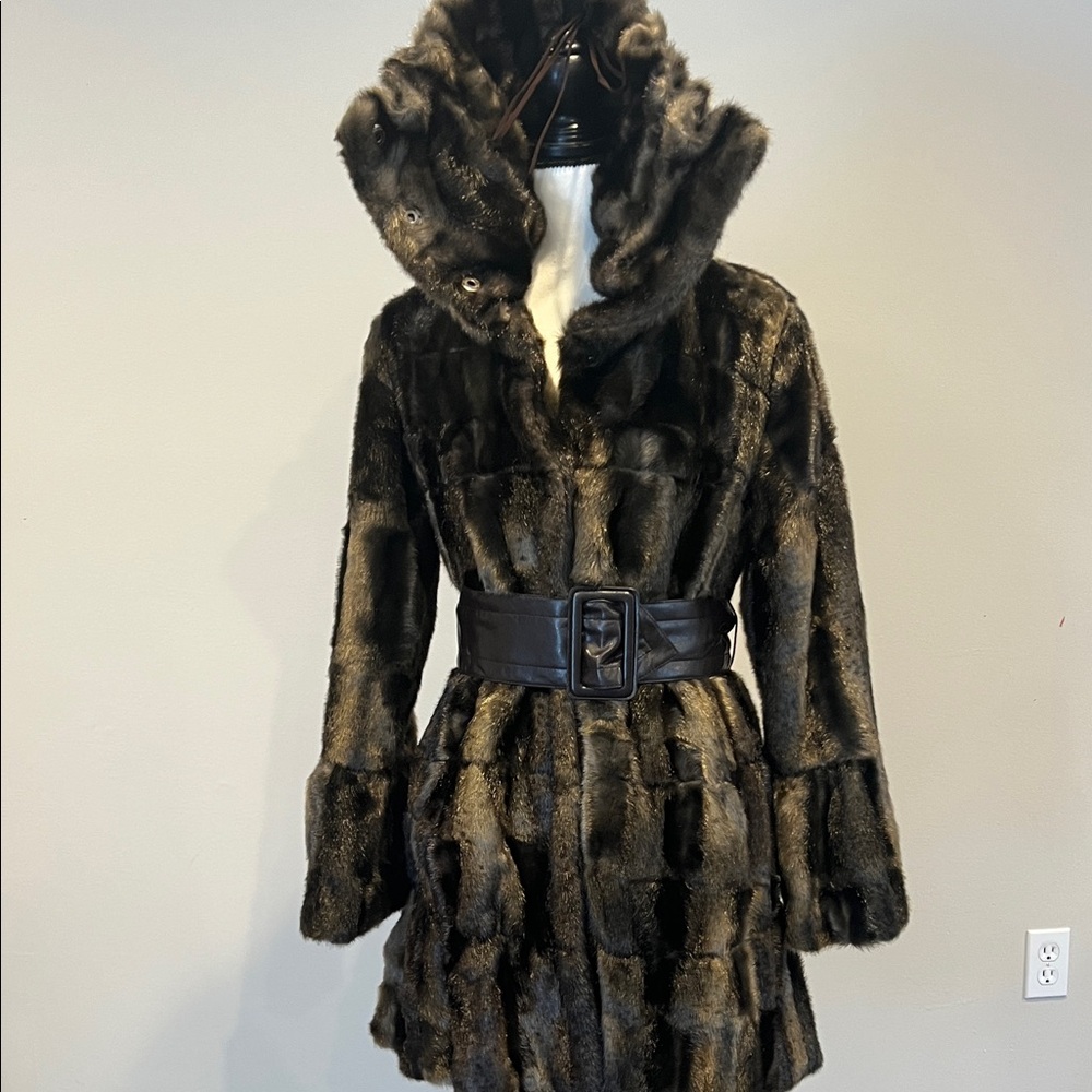 Laundry by Design Faux Fur Coat with Belt - Brown